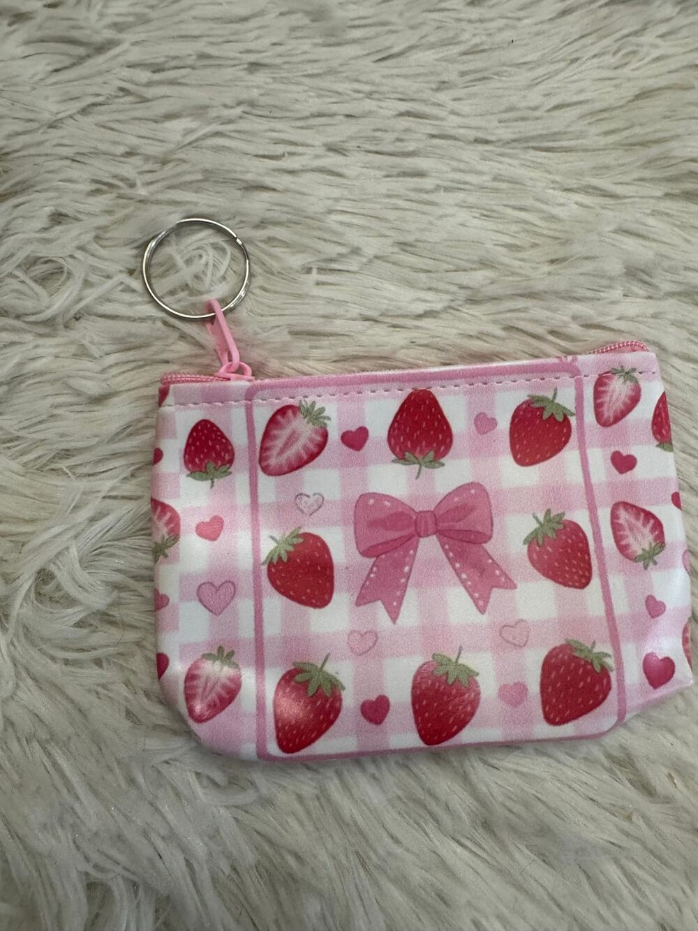 Pink and white strawberry keychain coin  purse with pink bow and hearts